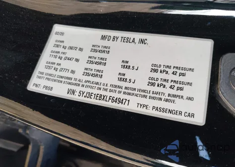 2020 Tesla Model 3 Long Range Dual Motor All-Wheel Drive from USA, damaged, VIN 5YJ3E1EBXLF649471
